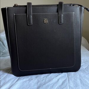 Tommy Hilfiger Chocolate Leather Laptop Tote with Contrast Stitching